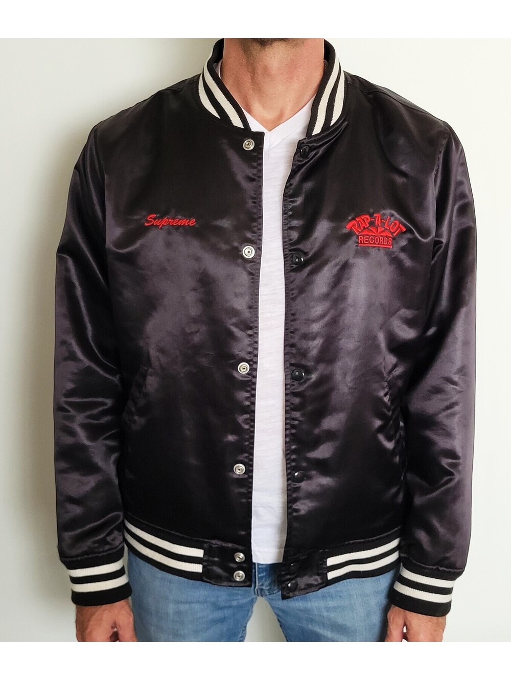 Supreme Mens Large Black Rap-A-Lot Records Satin Snap Jacket